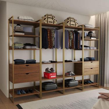 Imagem de Closet Industrial Casal Completo Loft Amêndoa 4 Módulos Cabideiro com Gavetas Base Dourada