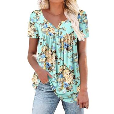 Imagem de Camiseta feminina de verão, estampa floral, manga curta, gola V, botão, plissada, folgada, túnica, Branco, XXG
