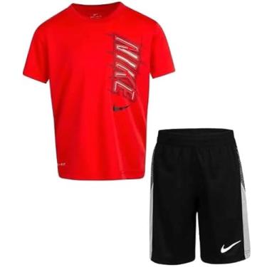 Imagem de Nike Conjunto de 2 peças de camiseta e shorts com estampa Dri-Fit para meninos pequenos (vermelho (76H367-023)/preto, 5), Vermelho