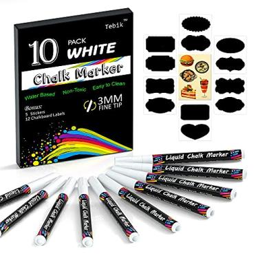 Imagem de Conjunto de marcadores de giz branco da Tebik, pacote com 10 canetas brancas de tinta quadro-negro com 12 etiquetas de quadro-negro, 5 adesivos, perfeito para quadros-negros, placas de bistrô, vidro e metal