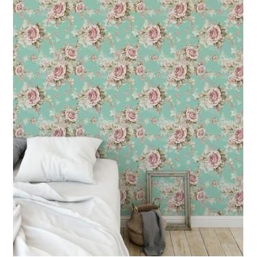 Imagem de Papel De Parede Autocolante romântico floral Rosa E Verde Com Fundo Az