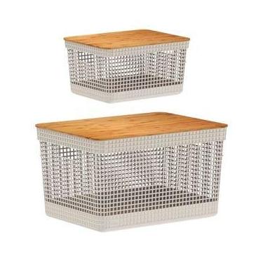 Imagem de Kit 2 Cesto Organizador Grid C Tampa De Bambu 8l E 20 Litros - OU, Beg