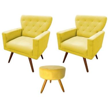 Imagem de Kit 2 Poltronas Decorativa Aurora + 1 Puff Redondo Suede Amarelo Pés M