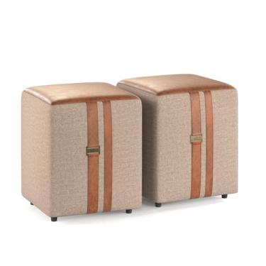 Imagem de Kit Puf Banqueta Quadrado Linho e Couro - Domus cor Bege - Cal Móveis