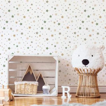 Imagem de Papel de Parede Infantil Estrelinhas e Bolinhas Bege 57x270 - Quartinh
