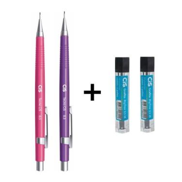 Imagem de Kit 2 Lapiseira TecnoCis 0.5mm Rosa e Roxa + 12 Grafites Cis