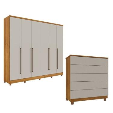 Imagem de Guarda-Roupa 6 Portas Portugal E Comoda 5 Gavetas Premium Com Pés Espresso Móveis Cinamomo/Off White