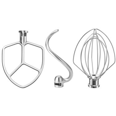 Imagem de Acessórios de batedeira de aço inoxidável 3 peças para KitchenAid 5,5-6 Qt cabeça inclinada Stand Mixer. Inclui batedor de 6 fios, batedor plano, gancho de massa para tigela KitchenAid 6 Qt Mixer
