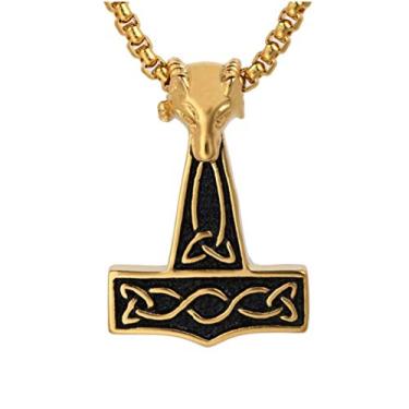 Imagem de Blowin Colar masculino com pingente de cabeça de martelo Thor em aço inoxidável com nó celta com corrente de 56 cm, Aço inoxidável