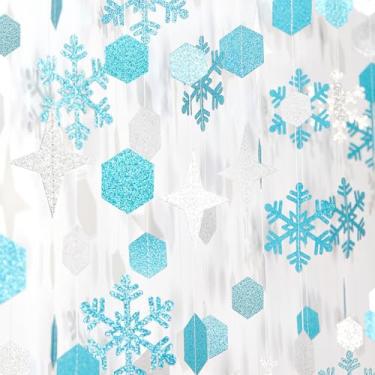 Imagem de Hugtmr Floco de Neve-Neve Azul-Petróleo-Prata Festa de Natal-Decorações Serpentinas-52 Pés Branco Inverno Maravilhas Congelado Pendurado Papel Guirlanda Banner, Aniversário Casamento Bebê Chá de Panel