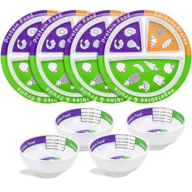 Imagem de Tioncy Conjunto de controle de porção bariátrica de 8 peças com 4 pratos bariátricos, 4 tigelas de controle de porção para adultos, dieta equilibrada, planos de servir para perda de peso (clássico)