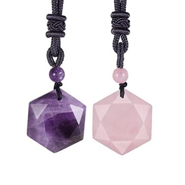Imagem de TUMBEELLUWA Colares de ametista natural e cristal de quartzo rosa, conjunto de amuleto com 2 peças de pingentes de pedra esculpida com cordão ajustável para homens e mulheres, Ametista e pedra de