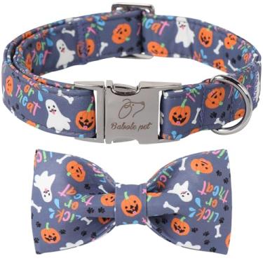 Imagem de Babole Pet Coleira para cães de Halloween com gravata borboleta - coleira de cachorro de abóbora fantasma fofo, fivela de metal ajustável, gravata borboleta para cães pequenos, médios e grandes, P