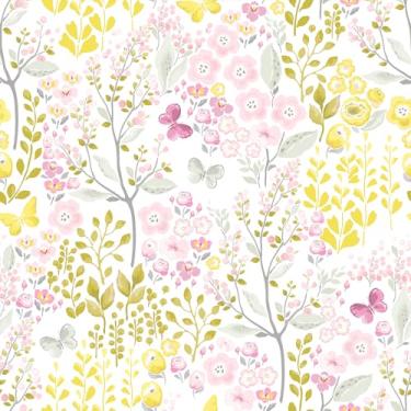 Imagem de VEELIKE Papel de parede floral rosa com borboletas vintage e papel de parede floral para berçário de quarto de meninas 40 x 38 cm, papel de parede removível autoadesivo para gavetas de armários