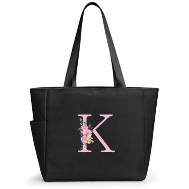 Imagem de KALIDI Sacola de praia personalizada, bolsa de compras com zíper inicial do alfabeto para mãe, professora, amiga, casamento, compras diárias, Preto - K, Large