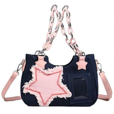 Imagem de Vobomo Bolsa tiracolo de ombro único com estrelas jeans kawaii, bolsa de mão com correntes Y2k, bolsa transversal estética fofa, Jeans escuro