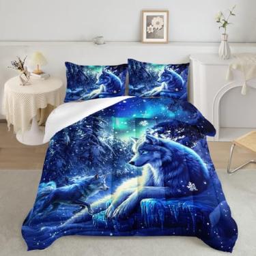 Imagem de AILONEN Conjunto de cama solteiro de lobo azul – Conjunto de edredom de neve para meninos e meninas, edredom de safári de microfibra macia com 2 fronhas, roupa de cama infantil de 3 peças