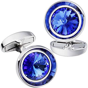 Imagem de Abotoaduras HAWSON para homens - Camisa masculina de cristal Swarovski multicolorido com abotoaduras francesas para negócios de casamento regular Azul