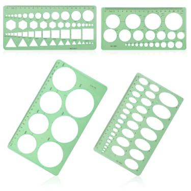 Imagem de 4 moldes de círculo para desenho, ferramenta de desenho de plástico transparente, vários círculos redondos geométricos e estêncil oval, régua de medição para desenhos de edifícios escolares de