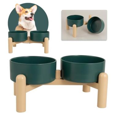Imagem de Conjunto de tigelas de cerâmica elevada para cães – Conjunto de tigelas elevadas para ração e água – Tigelas duplas para cães com suporte antiderrapante – Conjunto de 2 pratos para cães – Tigelas para