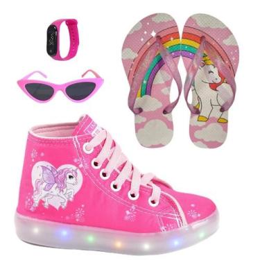 Imagem de Tênis Botinha Infantil Feminino De Led Unicórnio Cano Alto +Chinelo+Óc