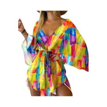 Imagem de Vestido Boêmio Feminino Estampado - Decote V, Manga Morcego e Babado -