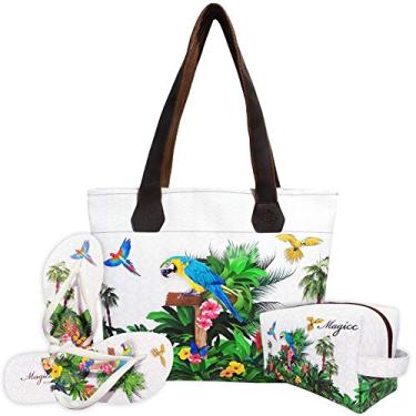 Imagem de Kit Tropical Feminino Araras com Bolsa, Necessaire e Chinelo Magicc Bolsas KIT-058