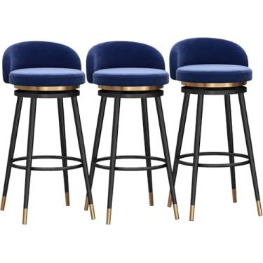 Imagem de Banquetas de bar, conjunto de 3 peças, cadeira de bar, café da manhã, cozinha, balcão, ilha, preto, metal, banquinho alto, azul, 75 cm