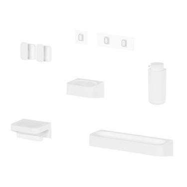 Imagem de Kit Banheiro 6 Peças Saboneteira + Porta Papel Higiênico + Porta Shampoo + Dispenser Shampoo + 2 Ganchos + Adesivos Branco Ou