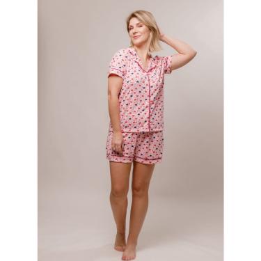 Imagem de Pijama Americano com Filete Frente Manga Curta - Poliviscose - Rosa Corações