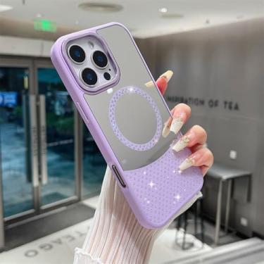 Imagem de Glitter Diamond Make Up Mirror Magnetic Phone Case para iPhone 15 14 11 12 13 16 Pro Max Plus Capa de carregamento sem fio, roxa, para iPhone 12 Pro