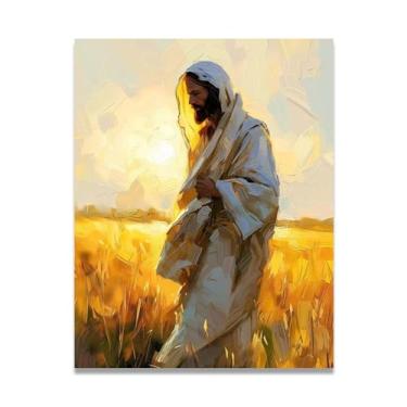Imagem de Meditação na grama Jesus Wall Art Life Child Of God Poster Católico Cristão Senhor Pintura Religiosa Imagem da Bíblia para Sala de Estar Igreja Pinturas Modernas Arte Decorativa 65 x 50 cm