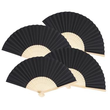 Imagem de hoyuwak Pacote com 4 ventiladores dobráveis de bambu preto, leques artesanais, chineses, japoneses, portáteis, ideais para casamentos, dança de linha, decoração DIY