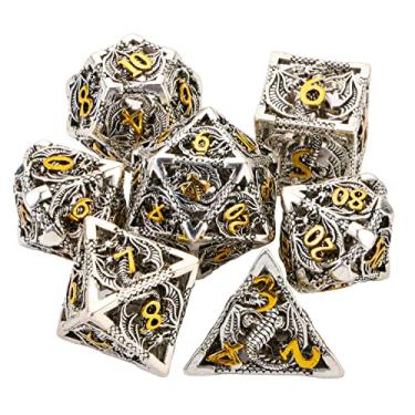 Imagem de Dungeons and Dragon Dice Hollow Polyhedral Flying Dragon Metal Dice Set DND Game MTG Pathfinder Play Mat Magic 7 Pcs Dice D&D Gifts Box Blue Elf Cards Math Scale Towers(Dragon_Ancient Silver and Gold)