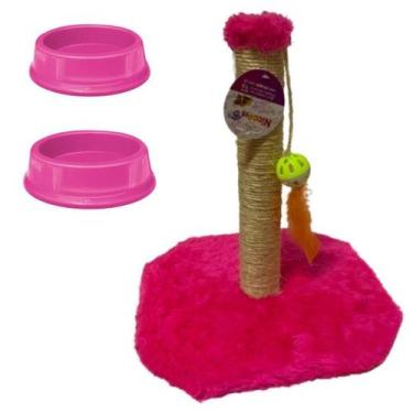 Imagem de Kit Para Gatos - 1 Arranhador Torre E 2 Comedouros - Rosa - Nica pet