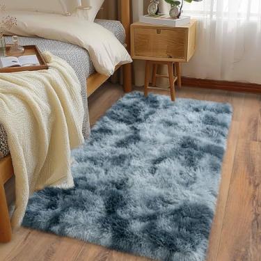 Imagem de Ailyei Tapetes macios para corredores de quarto, 2 x 4 tie-dyed azul cinza macio tapete antiderrapante para dormitório de cabeceira, tapete peludo longo e felpudo para berçário sala de estar