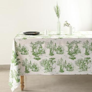 Imagem de Toalha de mesa de algodão Boho 152 x 272 cm – estampa de vaso sanitário verde, estilo rústico – capa lavável para mesa de jantar de 8 lugares, cozinha, férias e uso diário – tecido retangular de linho