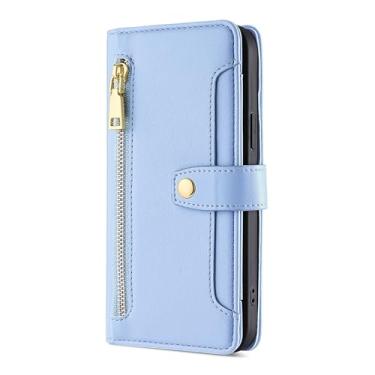 Imagem de LYJSMGZ Capa carteira com zíper para iPhone 16E, capa flip de couro liso, compartimentos para cartões, capa de telefone com borda macia, proteção total, azul, 16E