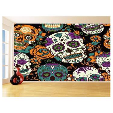 Imagem de Papel De Parede 3D Arte Caveiras Mexicanas Flor 3,5M Tra133
