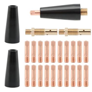 Imagem de Kit de pontas de bocal sem gás com núcleo de fluxo de 24 peças, 0,03" (0,8 mm) Substituição de contato Mig do núcleo de fluxo: 20 pontas de contato de 0,03 polegadas + 2 bocais de gás + 2 difusores de
