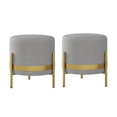 Imagem de Kit 2 Puffs Tecido Bouclé Cor Cinza Base Metal Dourada- CINZA-DOURADO