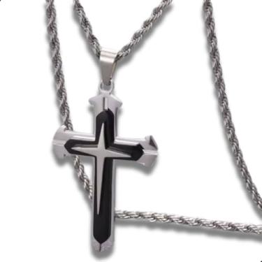 Imagem de Colar Masculino Cruz Aço Inoxidável com Corrente Baiana Masculina – Cordão Prateado Estiloso e Religioso – Pingente Crucifixo Preto com Fé e Proteção – Presente Cristão para Namorado Marido Amigo