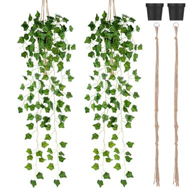 Imagem de Folmywy Pacote com 2 plantas artificiais penduradas, videiras com vaso, vegetação falsa, planta em vaso, folhas de hera realista, decoração para parede, casa, janela, prateleira, sala de estar