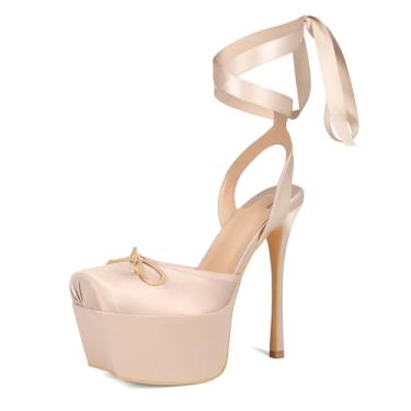 Imagem de Saint Leia Sandália feminina de salto alto plataforma quadrada fechada salto laço cadarço verão sandálias elegantes, Nude., 40