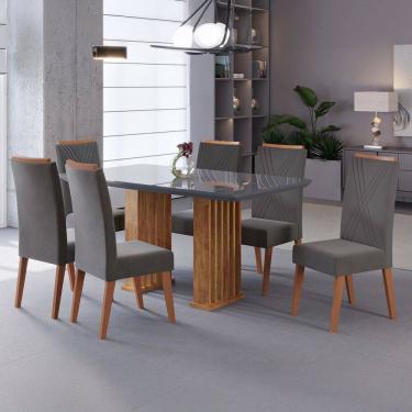 Imagem de Mesa de Jantar 6 Lugares Platina com Vidro Ripado Marrom/Cinza/Grafite - Viero Móveis