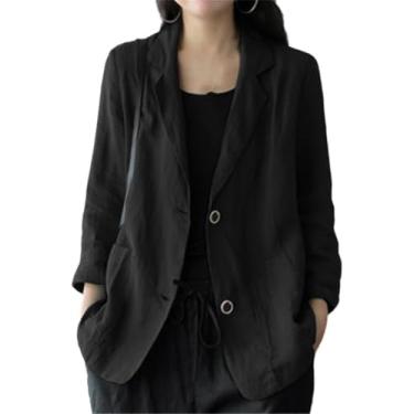 Imagem de Outono Ol Terno Blazers, Casual Lapela Sólida Jaquetas Finas, Mulheres De Manga Longa Algodão Linho Casacos Outwear, Black, S