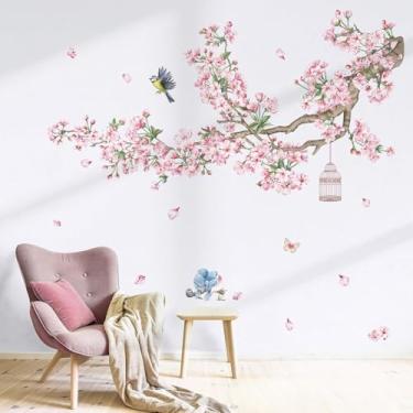 Imagem de 4 folhas de 30,5 x 89 cm arte 3D rosa flor de cerejeira adesivos descascar e colar mural ramo de árvore pássaros decalques de parede florais murais de parede para quarto
