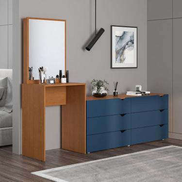 Imagem de Cômoda Penteadeira 6 Gavetas com Espelho Porto Azul/Freijó
