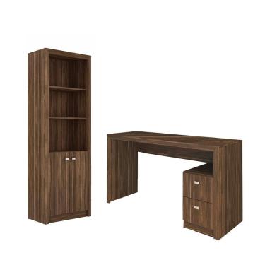 Imagem de Escritório com Mesa para Computador 2 Gavetas Com Armário Pareteleira 2 Portas Nogal - FdECOR