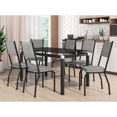 Imagem de Conjunto Mesa de Jantar com 6 Cadeiras 258 Malva Tampo Vidro 140cm SF Preto Assento Grafiato - Combo Stock